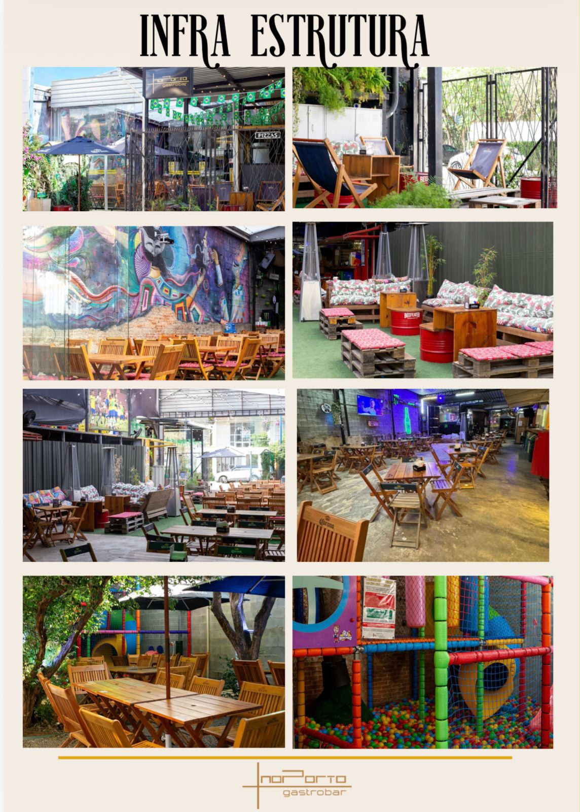 Infraestrutura do No Porto Gastrobar - áreas do espaço e kids area